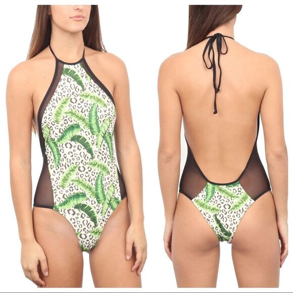 Issa De Mar Swimsuit Leopard Mesh Tropical Animal Print Medium Green Black - Picture 9 of 10